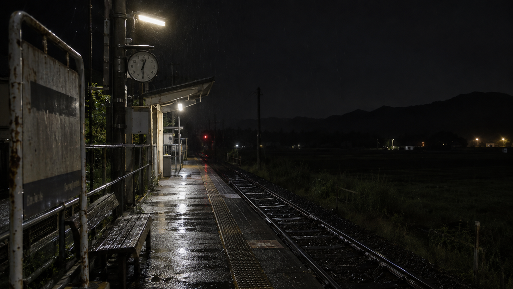 深夜の無人駅に降りたきさらぎ駅の場面をイメージした再現画像