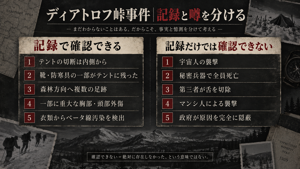 ディアトロフ峠事件の衣類と人体組織の放射線検査結果を比較した図解