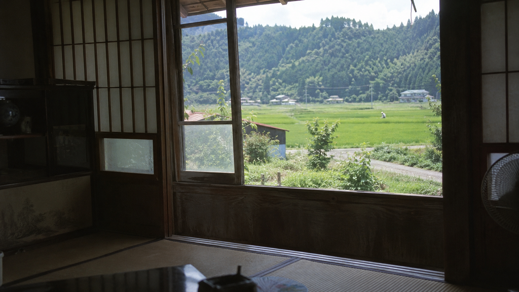 夏の田んぼの遠くに白い人型の存在が立つ、くねくねをイメージした再現画像