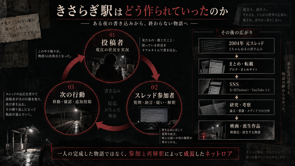 深夜の線路と異界への境界をイメージしたきさらぎ駅の再現画像