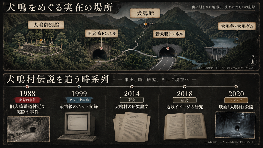 犬鳴村の都市伝説が1990年代末にネット上へ現れた流れを示す図解
